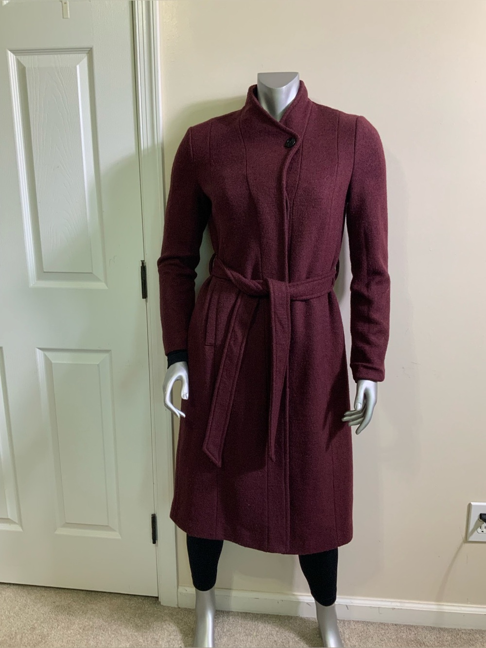Cole Haan Signature Woven Trench Coat Women Bordeaux Wool-Blend Tie Waist Sz 8